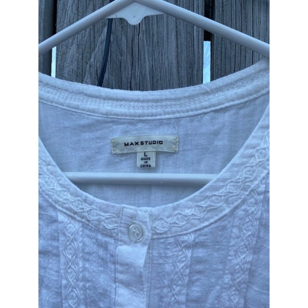 Max Studio White Ruffle Sleeve Eyelet Cotton Blend Shift Dress A902E60A Womens L - Picture 3 of 6